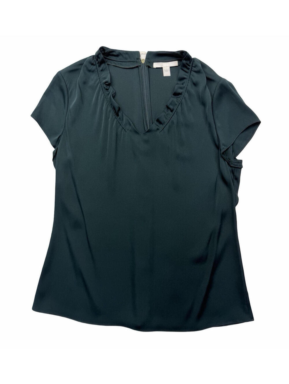 Hugo Boss Ruffled V-Neck Cap Sleeve Satin Top Green Size S